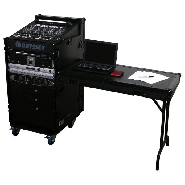 Odyssey FZ1116WDLXBL - Black 11U Top Slanted 16U Vertical Pro Combo Rack with Side Table and Casters Sale