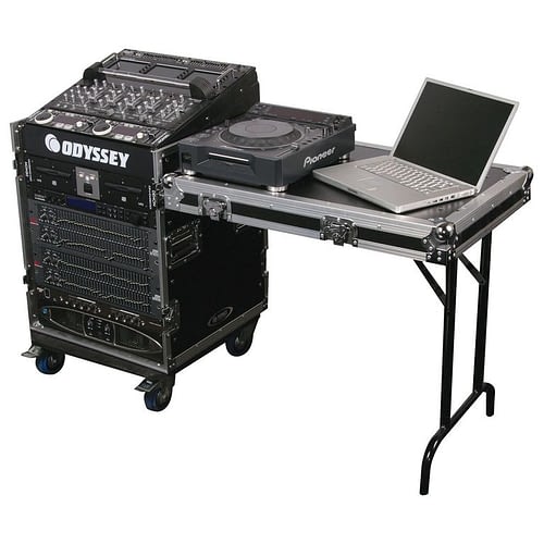 Odyssey FZ1112WDLX - 11U Top Slanted 12U Vertical Pro Combo Rack with Side Table and Casters For Sale